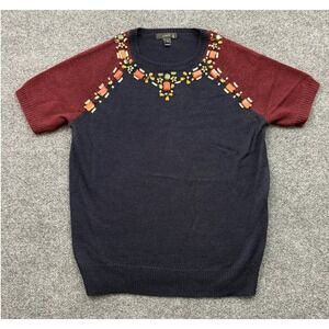 J.Crew Jeweled Alpaca Merino Wool Sweater Womens XS Navy Burgundy 03095